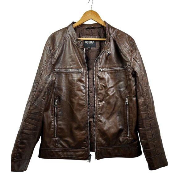 Guess Moto Hoodie Jacket Mens Large Faux Leather Brown Hooded Removable Insert - Picture 4 of 14